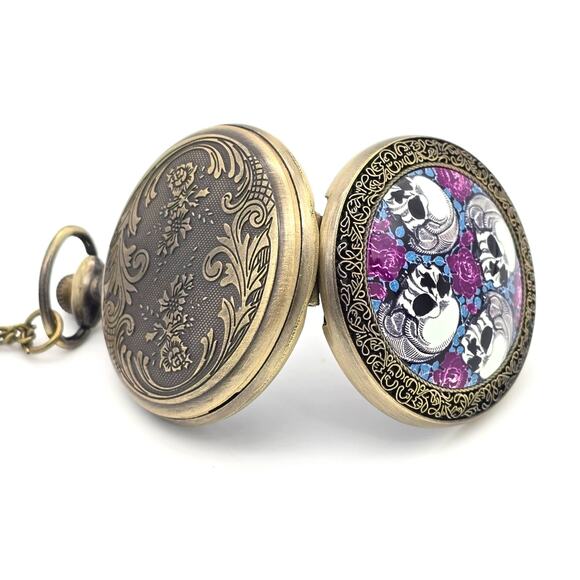 Skull & Roses Pocket Watch - Gothic Purple Floral Skeleton Charm Halloween Gift - Picture 4 of 10